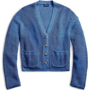 Polo Ralph Lauren 100% Linen Blue Rib Knit V-Neck Cardigan Women’s Med